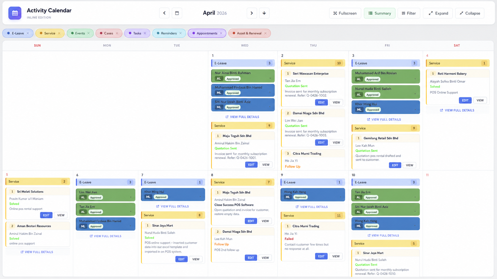 HRM.my Activity Calendar sample with Malaysian employee names and business activities