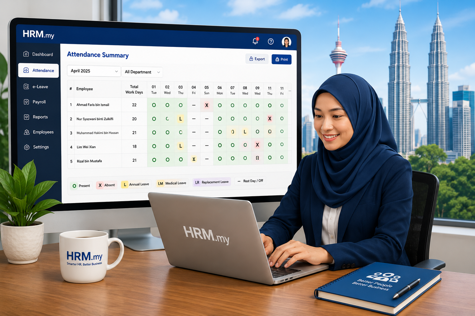 HR manager reviewing HRM attendance summary dashboard