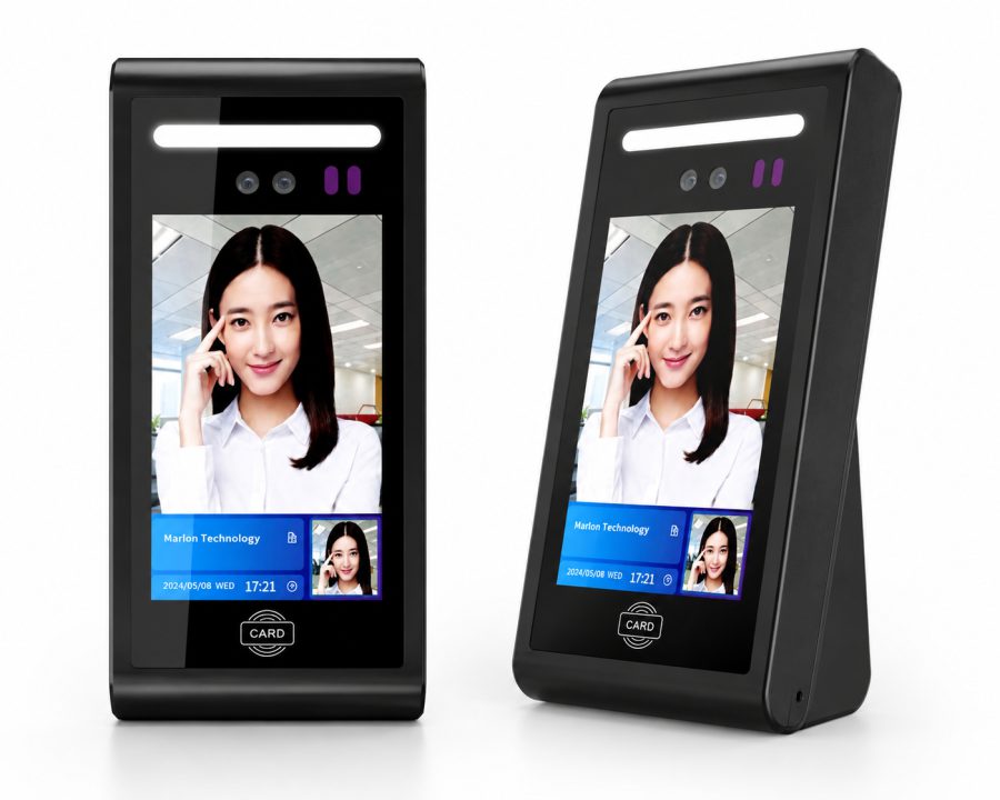 FC-05 Face Cloud facial recognition attendance terminal, front and angled view