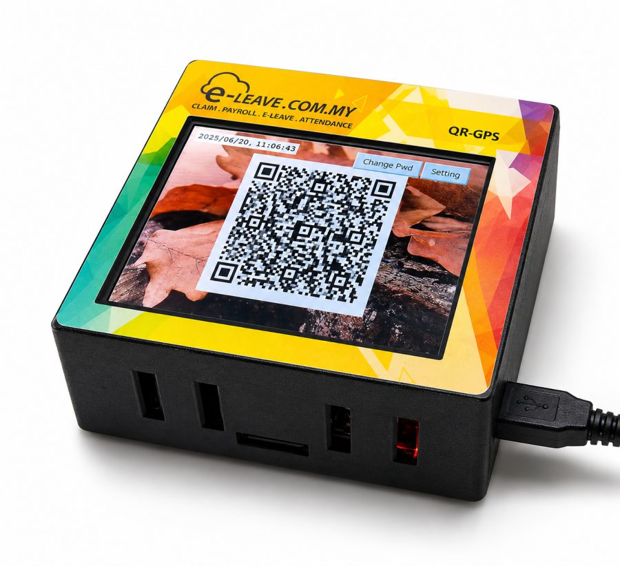 QR-GPS compact attendance device displaying a rotating QR code