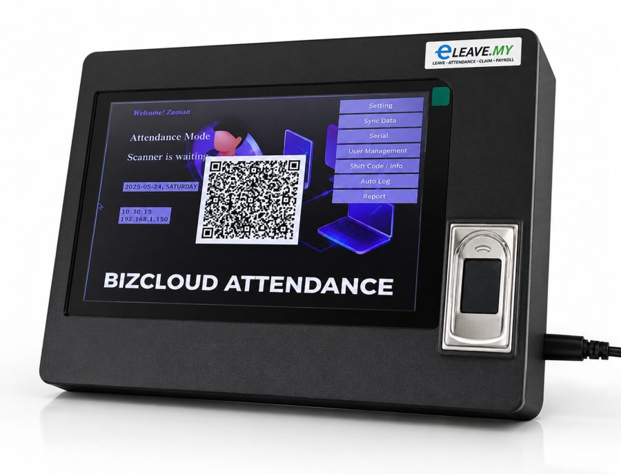QR-WFP BizCloud attendance terminal with QR code display and fingerprint scanner