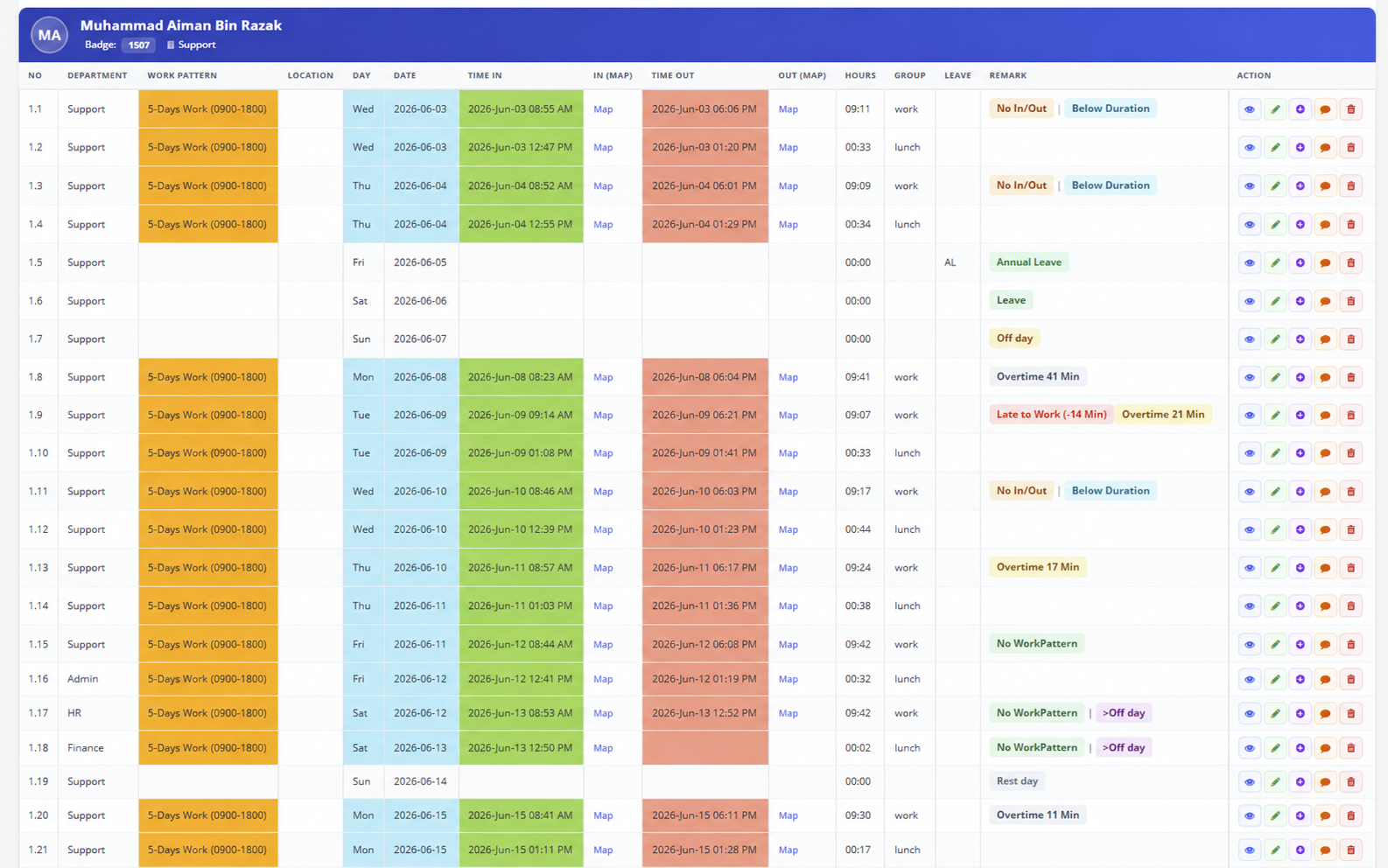 HRM.my Timesheet and Attendance List sample report with Malaysian employee names